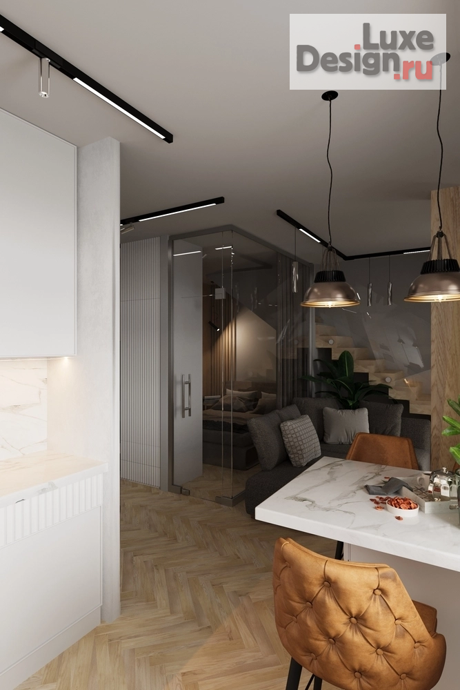 Дизайн интерьера однокомнатной квартиры "Однокомнатная квартира в двух уровнях // Дизайн студия Льва Терехова"" (фото 6)