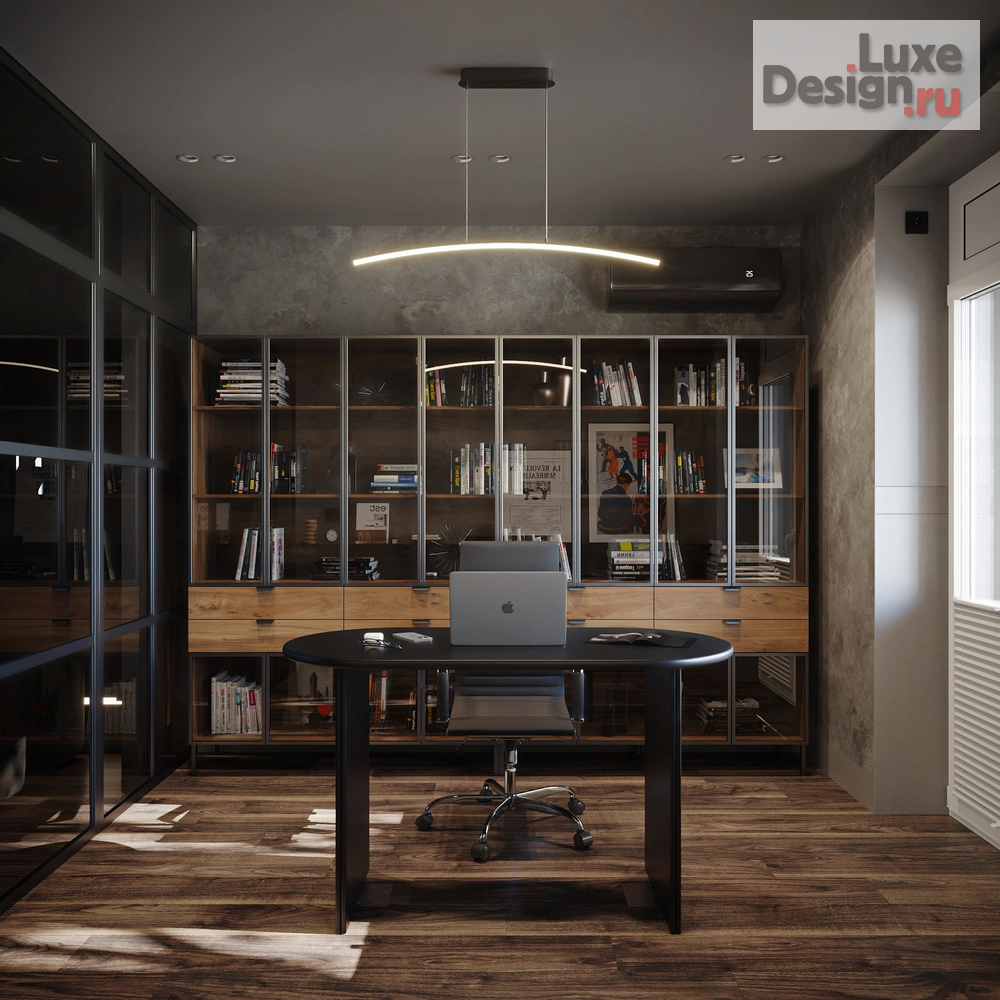 Дизайн интерьера гостиной "Дизайн интерьера. Гостиная+Кабинет для семьи, специалистов, которые работают как в офисе, так  дома. В семье ребенок подросток. В гостиной играют в шахматы. В квартире 90 кв.м." (фото 1)