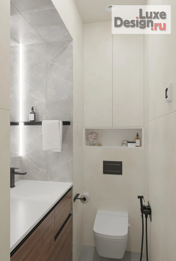 Дизайн интерьера ванной "Дизайн интерьера. Два санузла вместо одного для семьи, специалистов IT, которые работают удалённо. в квартире 80 квм" (фото 6)