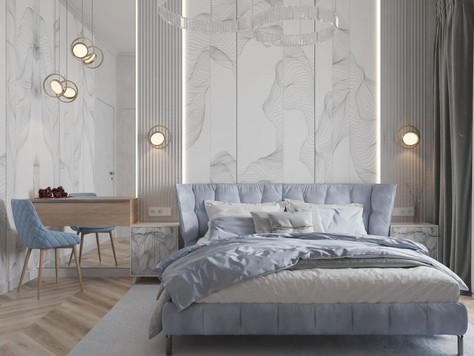 Дизайн интерьера трехкомнатной квартиры в Калининграде "Интерьер мастер-спальни с гардеробной комнатой и рабочим пространством"